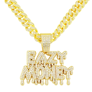 Collier hip hop avec pendentif lettres EAZY MONEY et chaîne cubaine dorée sertie