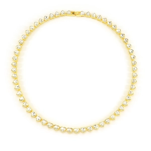 Golden heart-shaped tennis necklace with sparkling crystals and folding clasp on white backdrop