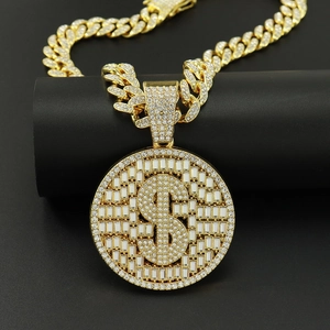 Collier Pendentif Signe Dollar Hip Hop Iced Out Incrusté de Strass Alliage de Zinc Chaîne Cubaine Or Argent Bijoux Homme
