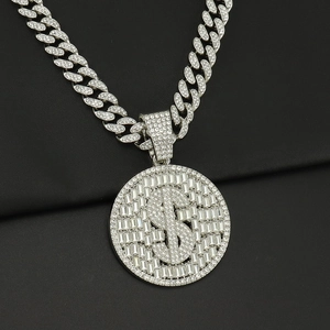 Collier hip-hop argenté avec pendentif signe dollar et chaîne cubaine sertie de strass