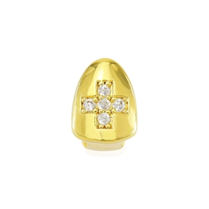 Hip hop gold single tooth grillz with cross shaped cubic zirconia stone inlay