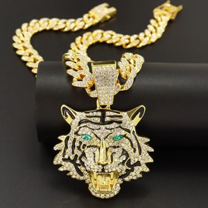 Hip Hop 3D Tigerkopf Anhänger Halskette Für Herren Damen Gold Silber Überzogen Legierung Voll Strass Besetzt Panzerkette Schmuck Geschenk