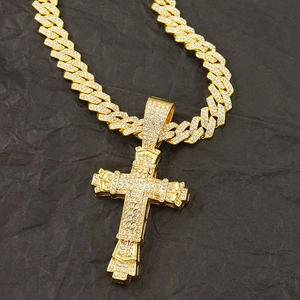 Collier Pendentif Croix Hip Hop Iced Out Or Argent Alliage Strass Maille Gourmette Chaîne Corde Bijoux Homme Femme