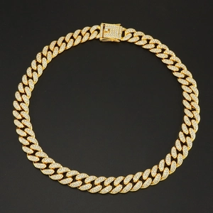 15mm gold Cuban link chain necklace with full crystal rhinestones for hip-hop style fashion