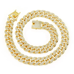 15mm gold Cuban link chain necklace with sparkling full diamond rhinestones for men and women