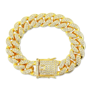 15mm iced out Cuban chain bracelet for men with gold finish and sparkling rhinestones