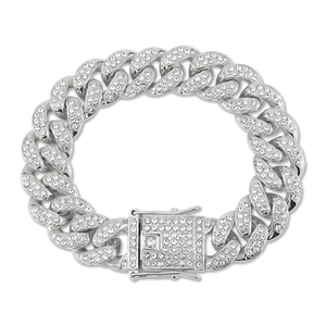 Detail view of 15mm silver iced out Cuban link necklace with sparkling crystals