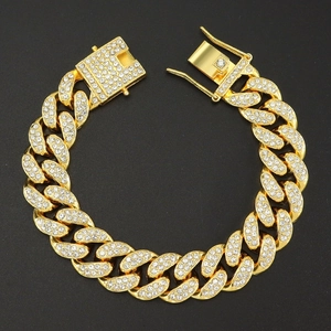 Chunky 15mm gold Cuban link bracelet with full diamond-encrusted iced out rhinestones