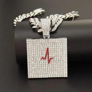 Iced Out Herzschlag EKG Quadrat Anhänger Halskette Legierung Strass Panzerkette Kordelkette Hiphop Mode Schmuck Unisex Accessoire