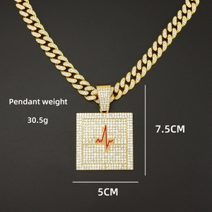 Iced Out Gold Hip Hop Halskette mit EKG-Anhänger und kubanischer Kette 7,5x5 cm