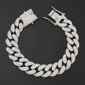 Bracelet gourmette 15mm argenté avec strass brillants style hip-hop glacé pour hommes mode