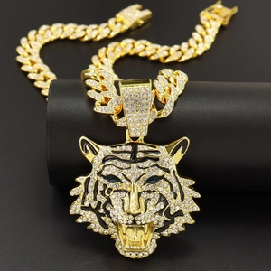 Collana con Pendente a Testa di Tigre Hip Hop in Lega con Strass Catena Cubana Gioielli per Uomo Donna Oro Argento