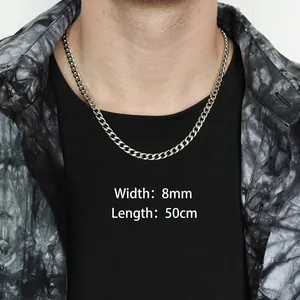 Classic silver Cuban link chain necklace 8mm width 50cm length on model neck