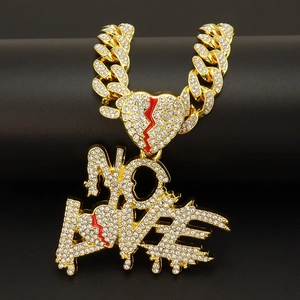 Hip Hop Iced Out NO LOVE Letter Broken Heart Pendant Necklace Alloy Rhinestone Cuban Link Chain For Men Women Streetwear
