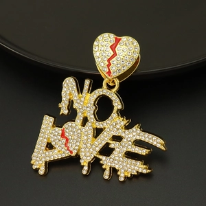 Macro shot of hip-hop No Love pendant with iced-out white crystals and red heart details