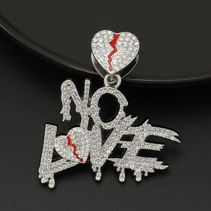 Hip-hop iced out NO LOVE pendant with red cracked heart details on black background