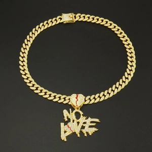 Iced out gold Cuban link necklace with red heart and NO LOVE pendant in hip hop style