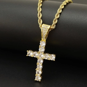 Hip Hop Kreuz Anhänger Halskette Kupfer Zirkonia Eingelegt Edelstahl Seilkette Für Herren Damen Streetstyle Schmuck