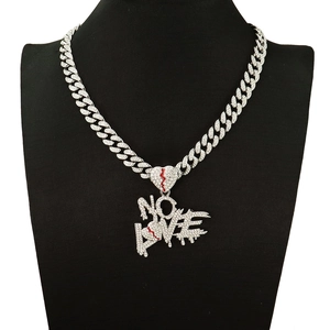 Iced out NO LOVE heart pendant Cuban link chain necklace with silver finish