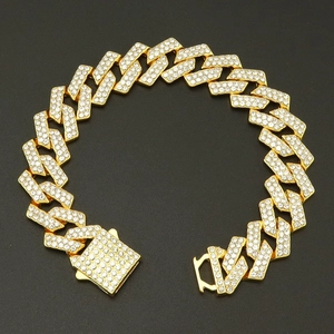 Bracciale a Maglia Cubana Romboidale Hip Hop Con Strass Incastonati in Lega Chiusura a Scatola Quadrata Gioielli Streetwear