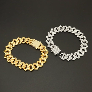 Bracciali a catena cubana 15mm in oro lucido e argento con diamanti incastonati
