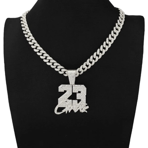 Hip hop style number 23 pendant necklace with sparkling rhinestones on silver chain