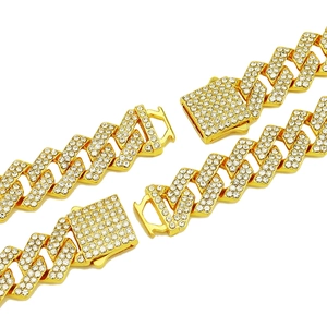 Bracciale cubano 15mm dorato con strass lucidi e chiusura a molla in stile hip hop