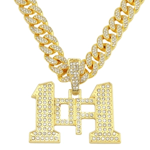 Collana a catena cubana dorata hip hop con ciondolo numero 11 con zirconi bianchi