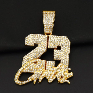 Hip-hop 23 pendant necklace with full crystal pavé setting in gold finish