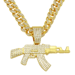 Hip hop AK47 μενταγιόν όπλο με στρασάκια σε χρυσή κουβανέζικη αλυσίδα λαιμού