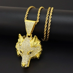 Hip Hop Rhinestone Wolf Head Pendant Necklace For Men Stainless Steel Rope Chain Animal Iced Out Jewelry Gold Silver Black