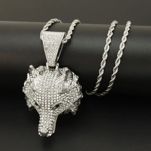 Iced out wolf head pendant necklace with silver rope chain for hip hop men fashion style