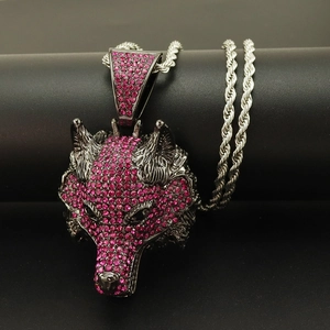 Hip hop wolf head pendant with pink zircon and twisted rope chain for men style