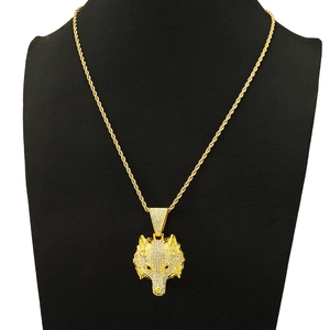 Iced out gold wolf head pendant necklace with twisted rope chain for men hip hop style