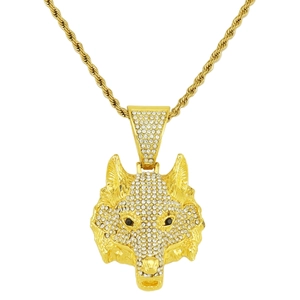Detailed view of hip-hop wolf head pendant with iced-out crystals on golden rope chain