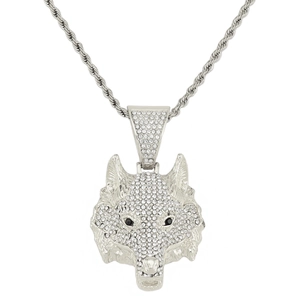 Close-up of silver wolf head pendant with micro-inlaid rhinestones on twist chain
