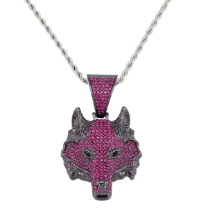Hip hop style wolf head pendant with pink rhinestones on silver twist chain