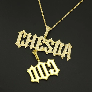 Hip hop rope chain necklace with gold Gothic CHESDA and GOD pendants with white zircon