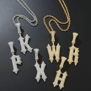 Hip Hop Iced Out Gothic Initial Pendant Necklace Copper Zirconia Inlaid Alphabet Long Chain Stainless Steel Men Women Jewelry