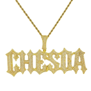Customized iced out hip hop necklace with gold gothic letters CHIESA and rope chain