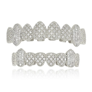 Hip hop silver plated 8-tooth top and bottom grillz set with sparkling white zircon stones