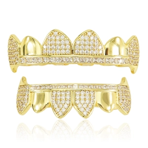 Grillz de Dents en Zirconia Givré Hip Hop Cuivre Électroplaqué Crocs de Vampire Bijoux Ton Or Argent Décoration de Dents