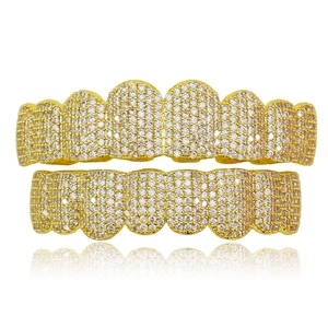 Iced Out Zirconia Grillz Copper Hip Hop Dental Grills For Men Women Gold Silver Plated Top Bottom Set Jewelry