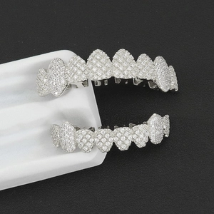 Hip hop silver teeth grillz set with shiny micro-pave cubic zirconia stones for men