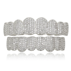 Hip hop silver dental grillz set with full micro pave zircon stones on white background