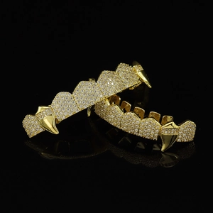 Χρυσά δόντια βαμπίρ grillz σετ με ζιργκόν για χιπ χοπ κοσμήματα και αποκριάτικο στυλ