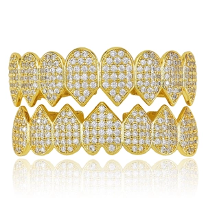 Hip Hop Kupfer Zirkonia Zähne Grillz Set Für Damen Herren Halloween Cosplay Dekorativ Vereist Oben Unten Mund Schmuck
