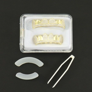 Kit grillz hip hop doré avec zircons cubiques, boîte de rangement et pince incluse