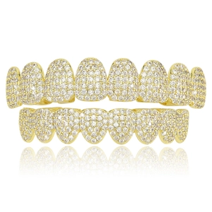 Set di Grillz Hip Hop Iced Out in Rame Lucido con Zirconia per Uomo Donna Festa di Halloween Gioielli per il Corpo Oro Argento