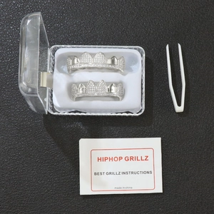 Set de grillz hiphop avec dents argentées, boîte de rangement, pince et manuel